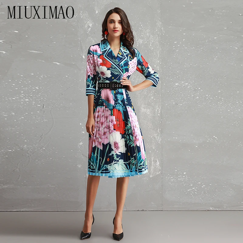 

2018 Newest Fall Peter Pan Collar Long Sleeve Floral Print High Quality Vintage Mid-Calf Blue Pleated Dress Women With Belt