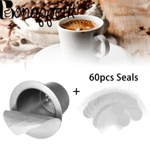 Капсульный фильтр для кофе, 1 Капсульная чашка+ 60 уплотнений, многоразовый фильтр из нержавеющей стали для машин Nespresso, Кофеварка, фильтр для кофе