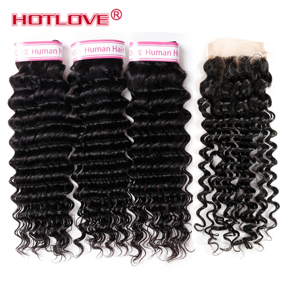 Hotlove Hair Deep Wave Bundles with Closure Free Middle 3 Wavy Part 4*4 Peruvian Hair Bundle with Closure Natural Black Non Remy