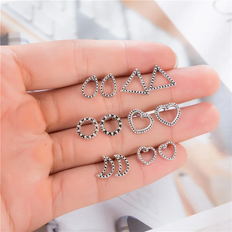 

6 Pairs/set Hollow Geometric Rhinestone Heart Moon Triangle Round Stud Earring Sets For Women Statement Party Jewelry Bijoux