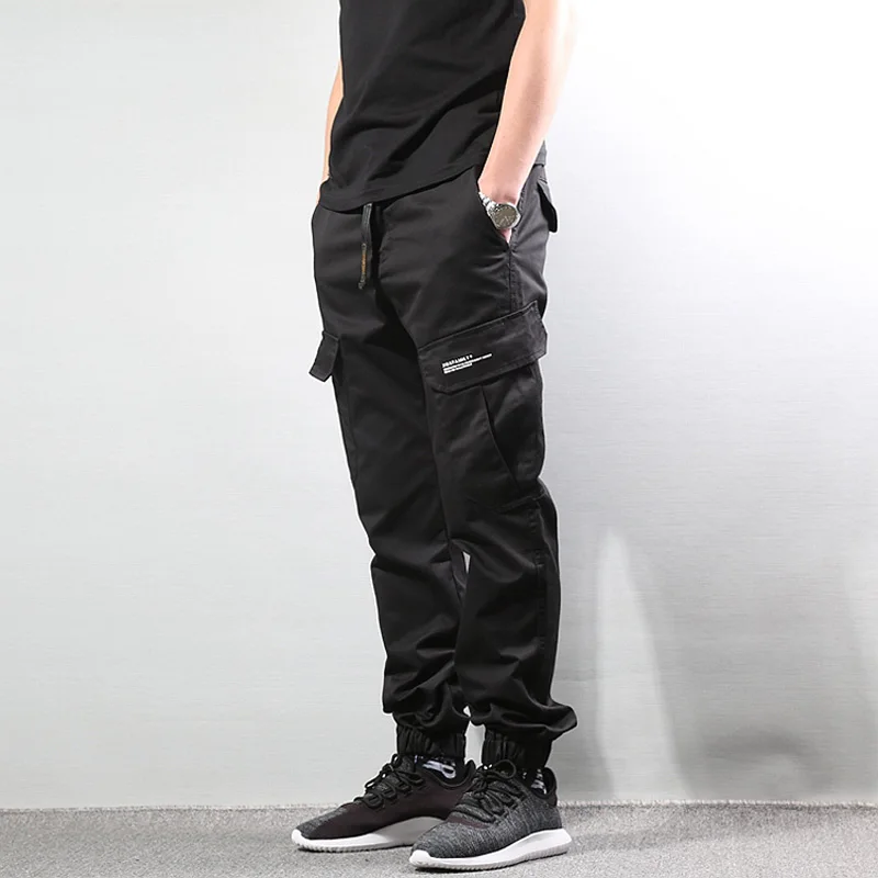 Модные камуфляжные армейские брюки свободного кроя черного цвета, повседневные брюки-карго с большими карманами, мужские джинсы для бега, уличная одежда в стиле панк, брюки в стиле хип-хоп - Цвет: Черный