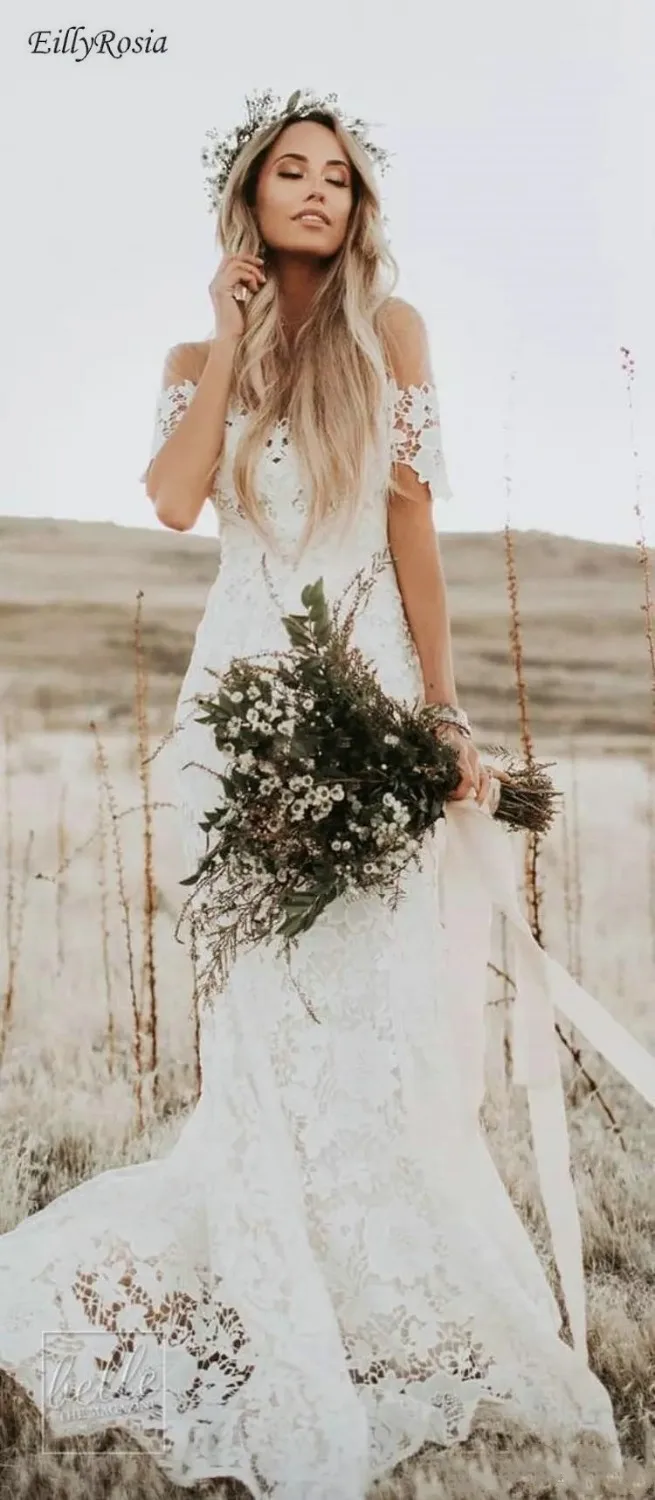 Country Style Boho Wedding Dress Mermaid Off The Shoulder Short