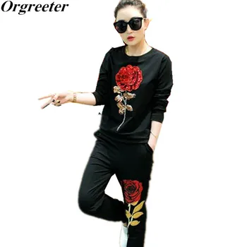 

Orgreeter Runway 2018 new spring autumn female rose flower Sequin female suit 2 piece set women Hoodies Sweatshirts tracksuits