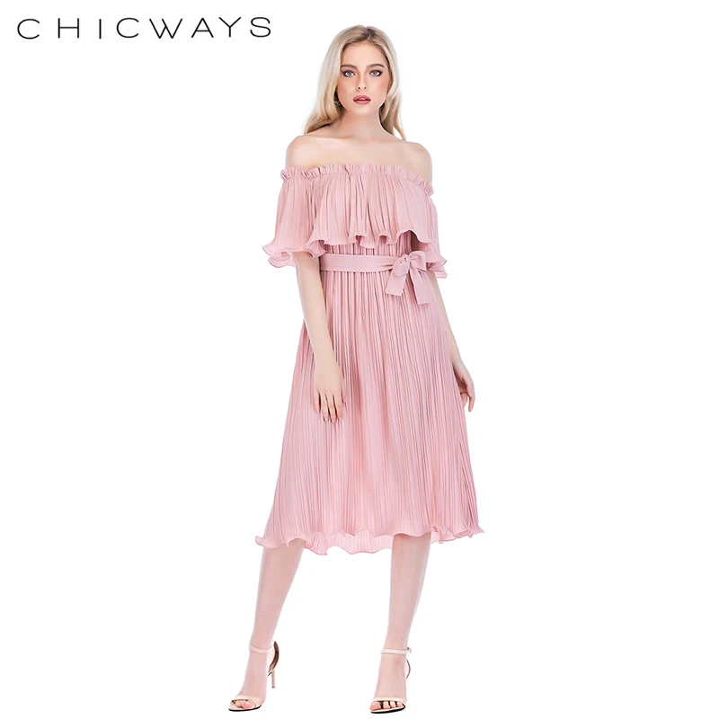 Chicways летнее однотонное Плиссированное женское платье повседневное с открытыми