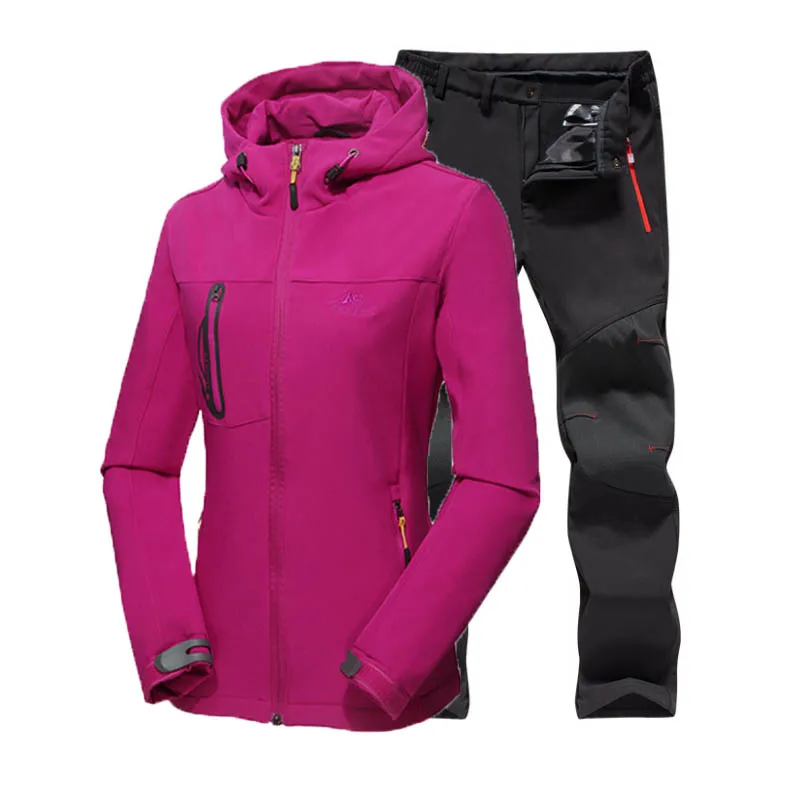 Большие размеры 5XL Женские Зимние флисовые теплые треккинговые Ползунки водонепроницаемые куртки софтшелл брюки Кемпинг походные брюки комплект - Цвет: Rosy Black suit