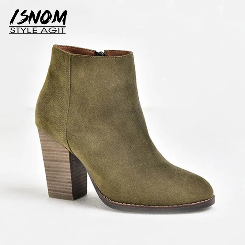 

ISNOM Autumn Cow Suede Women Boots Wood High Heels Bootie High Neck Round Toe Female Shoes Zip 2018 New Winter Warm Footwear