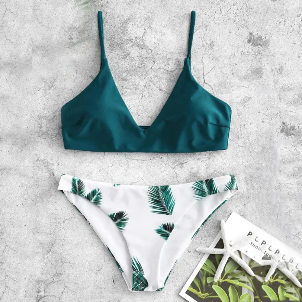2019 Woman sexy solid color leaf print fresh split swimwear bikini set Brazilian beach swimming push up mujer brasile 40M29 (8)