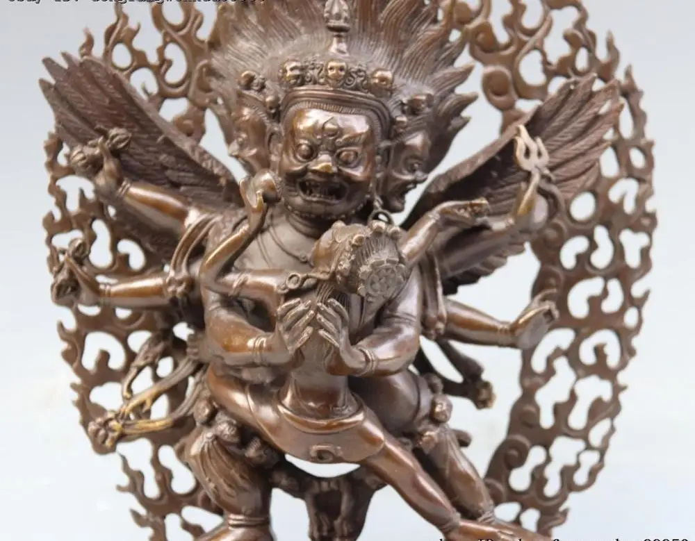 Тибетский буддизм медная бронза 3 головки 6 рук Mahakala подходящая фотография|Статуи