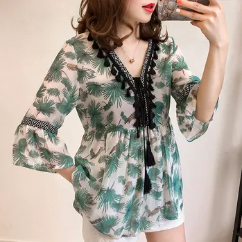

2019 New Summer Women Print Chiffon Loose Blouse & Shirt Feminine Flare Sleeve Tops & Blouses Feminina Blousas Plus Size 4XL