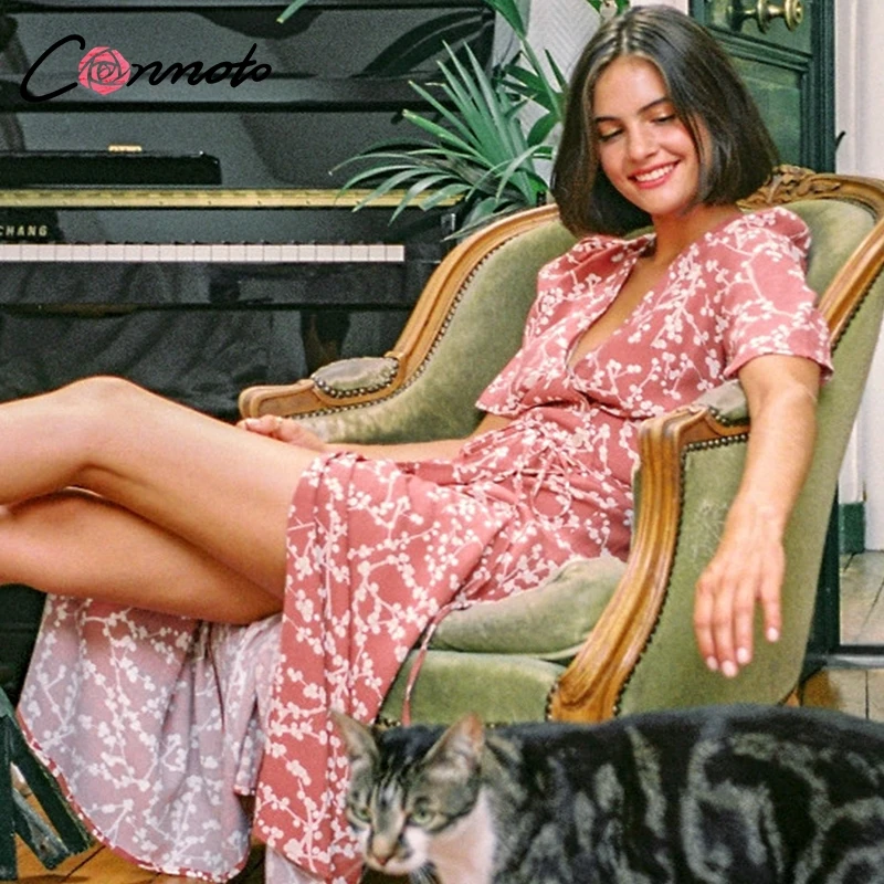 

Conmoto Vintage Pink Floral Print Wrap Dress Women 2019 NEW Casual Holiday V Neck Midi Dress Female High Waist Sashes Vestido