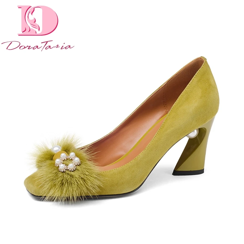 

Doratasia New Fashion Genuine Leather slip-on Square High Heels String Bead Shoes Woman Casual Spring Pumps Big Size 33-43