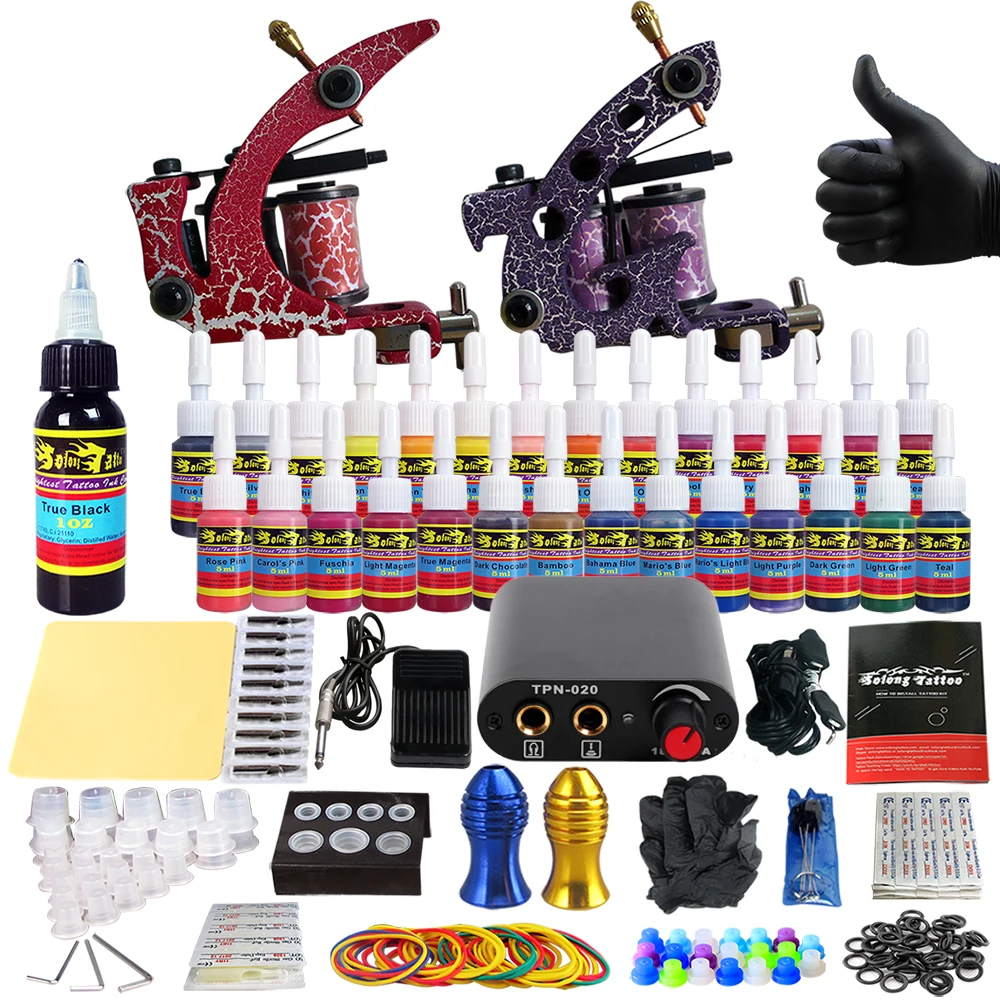 

Solong Tattoo complete professional 2 tattoo Machine Guns set Tattoo Kit 28 Inks Needle Grips power supply TK204-39