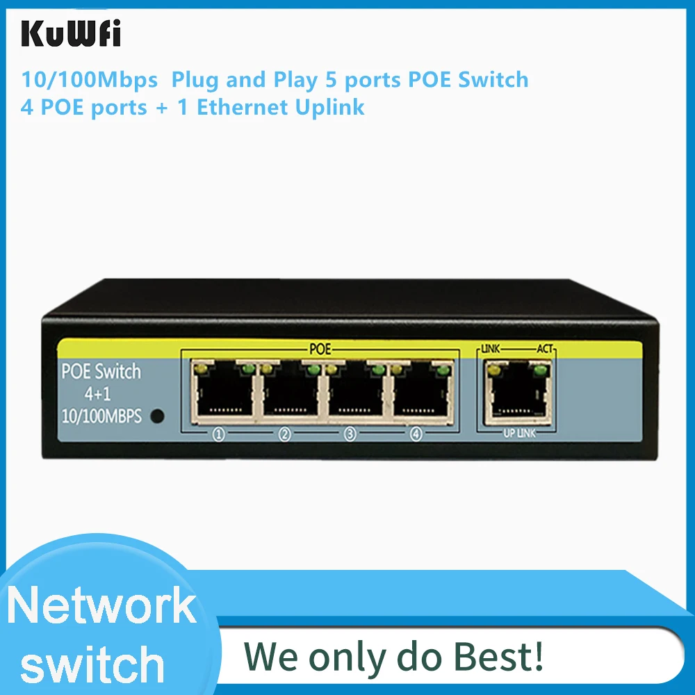 KuWFi 4 порта PoE коммутатор 1 порт Uplink Ethernet Plus 802.3af/at 78 Вт Встроенная Мощность