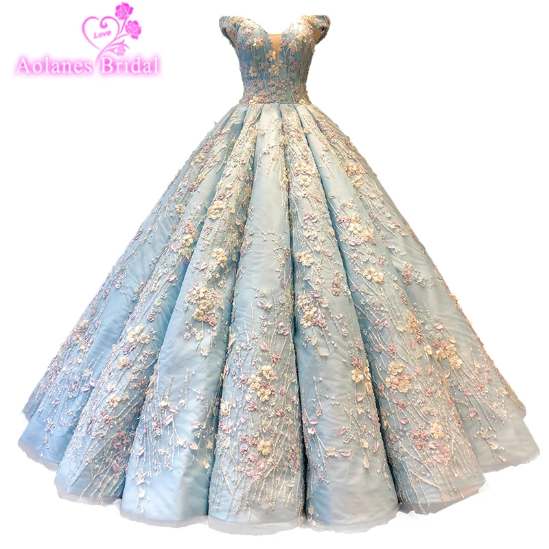 Luxury Light Blue Ball Gown Lace Prom Dress 2019 Dubai Arab Vestido De Noiva Lace Sequined Beading Cap Sleeve Evening Dresses
