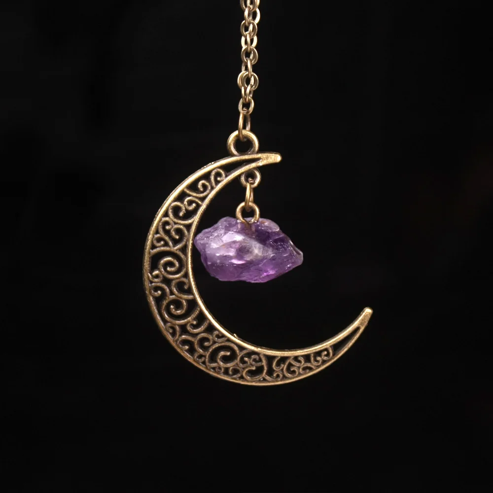 

Vintage Galaxy Moon Crystal Crescent Purple Ancient Bronze Purple Pink Quartz Natural Stone Opal transparant Necklace Pendants