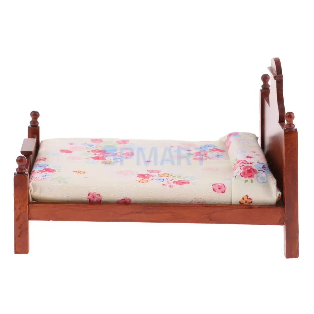 1/12 Scale Dollhouse Miniature Bedroom Furniture Floral Double Bed for 12th Dolls House Decoration Accessories