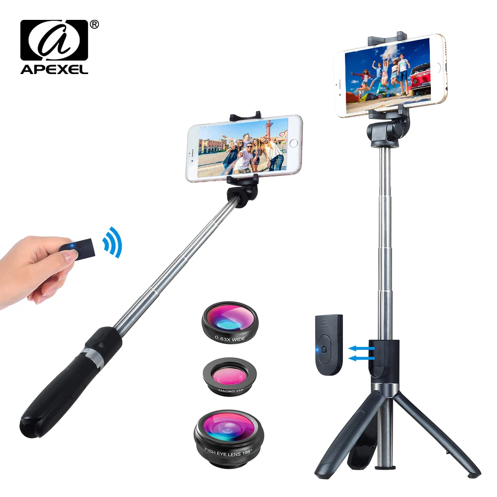 

APEXEL Fisheye Wide Macro 3 in 1 Lens+Bluetooth Remote Selfie Stick Extendable Portable Monopod Tripod for iPhone X 7 8 Samsung
