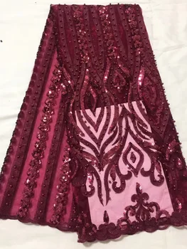 

Wine Red Sequins Lace Fabric Women, Flower Tulle African Lace Fabric, High Quality Lace African Tulle Lace Fabric Wedding Party