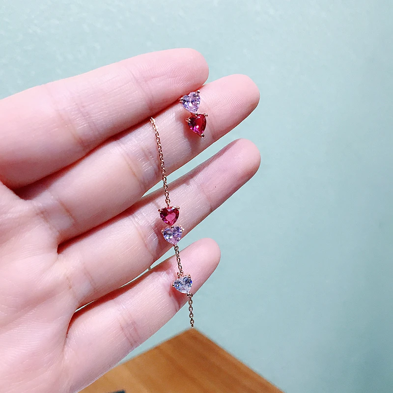 MIGGA, милые Асимметричные розовые и красные серьги-гвоздики с кубическим цирконием в форме сердца, маленькие серьги-гвоздики для девочек и женщин