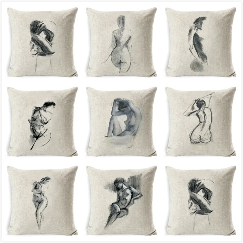 

Sketch Painting Cushion Cover Black And White Sexy Woman Art Decorative Cushion Case Throw Pillow Case Gallery Sofa Pillowcase