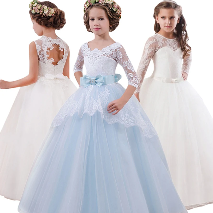 Kids White Bridesmaid Flower Girls Wedding Dress For Girls Party D