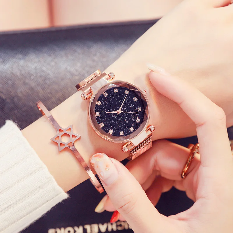 

Luxury Rose Gold Women Watches Starry Sky Magnet Buckle Ladies Clock Fashion Casual Waterproof RhinestoneFemale Wristwatches New