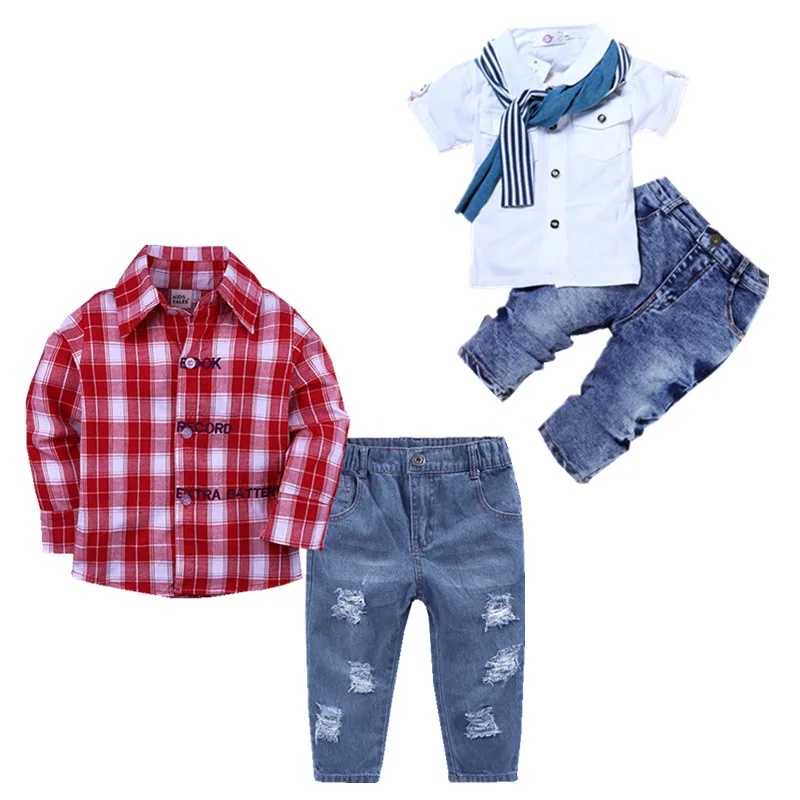 Children Clothing Set Cotton Baby Boy Clothes White Plaid T shirt