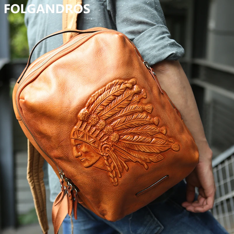 

DHL Free Shipping Original Cowhide Handmade Backpack European American Indian Men Vintage Genuine Leather Computer Backpack Bag