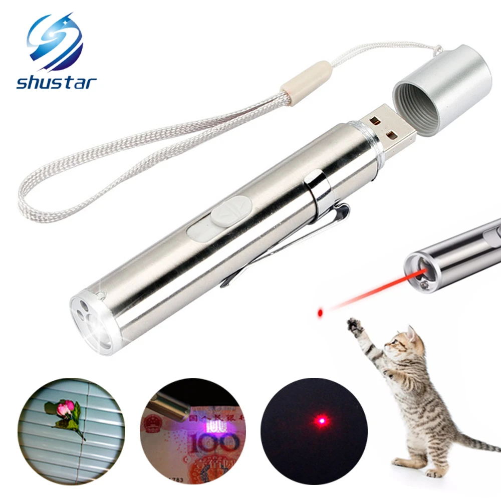 Multifunctional Rechargeable LED Flashlight UV Torch Ultra Violet Light Laser pointer Funny cat toy Suitable for home, child