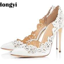 Hongyi/Дизайнерские женские босоножки с лазерными вырезами; летние туфли на высоком каблуке с белым принтом; женские туфли-лодочки; пикантные босоножки с острым носком; Mujer