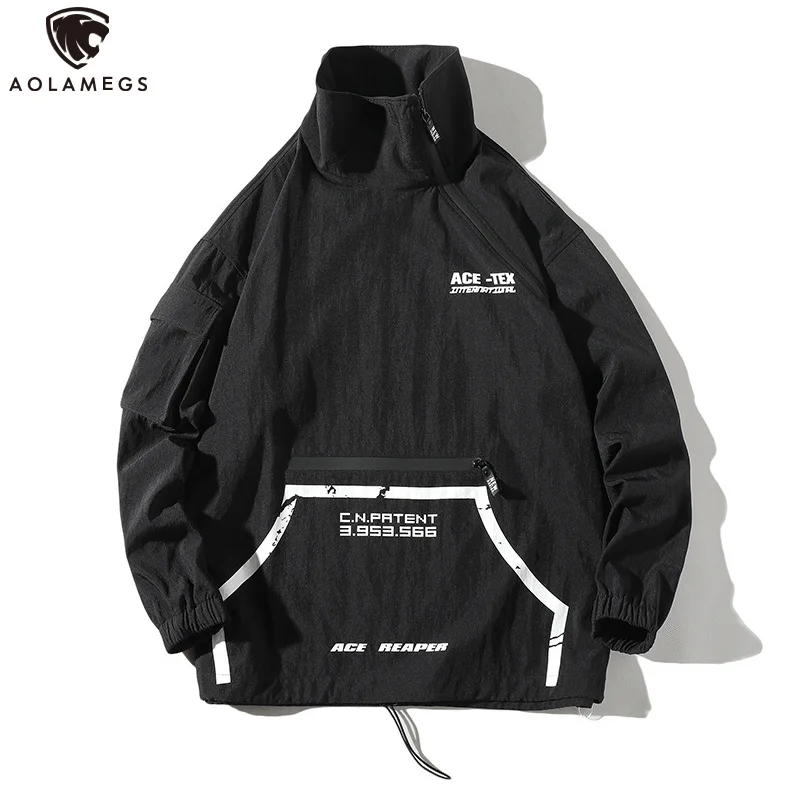 

Aolamegs Men Jacket Zipper Tracksuit Windbreaker Outwear Youth Harajuku Loose Style Solid Color Jackets Half Zipper Hip Hop Coat