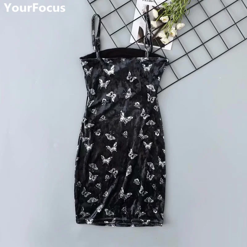 

Harajuku vintage retro slim butterfly pattern black velvet women mini dresses YQ-808