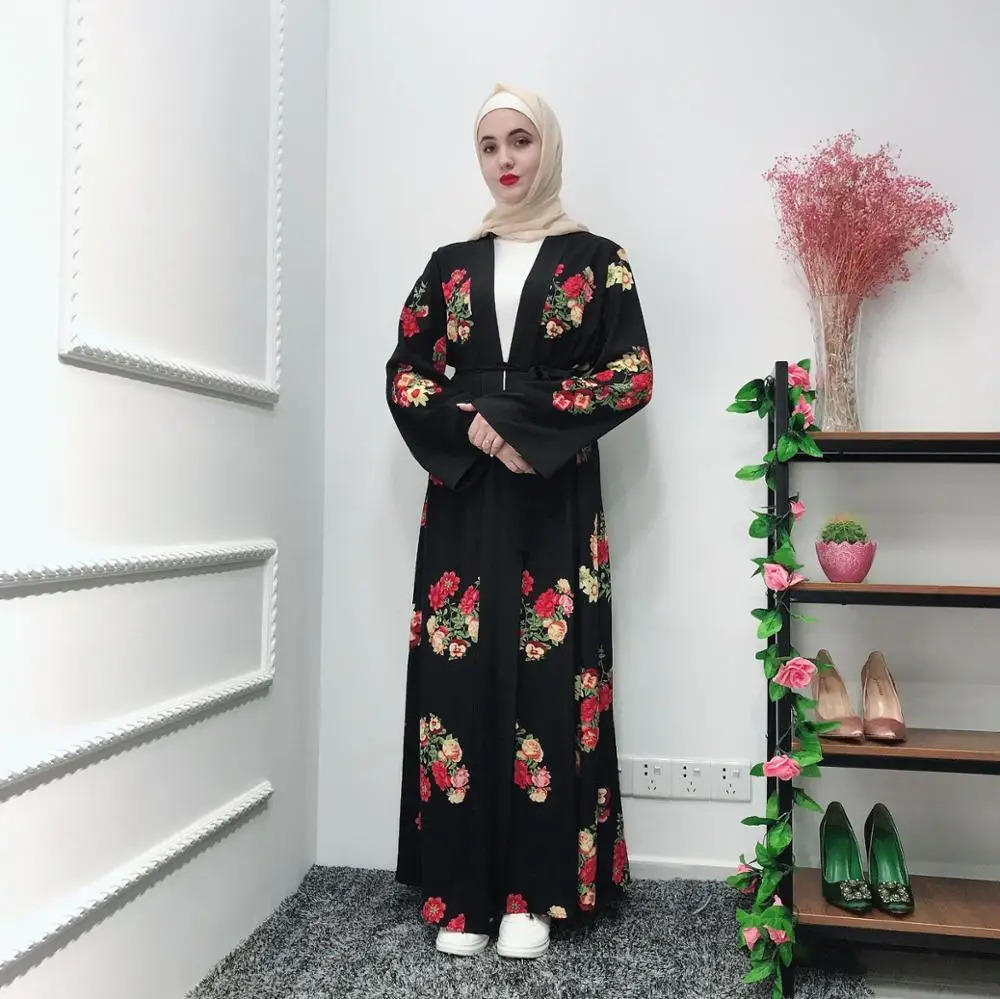 

Plus Size Black Abaya Kimono Kaftan Dubai Arabic Islam Women Floral Cardigan Muslim Hijab Dress Turkish Islamic Clothing
