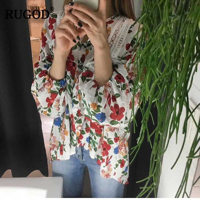 

RUGOD 2019 Women Floral Blouse Irregular Lantern Sleeves Long Sleeves Casual Loose Style Shirt Spring Modis Tops