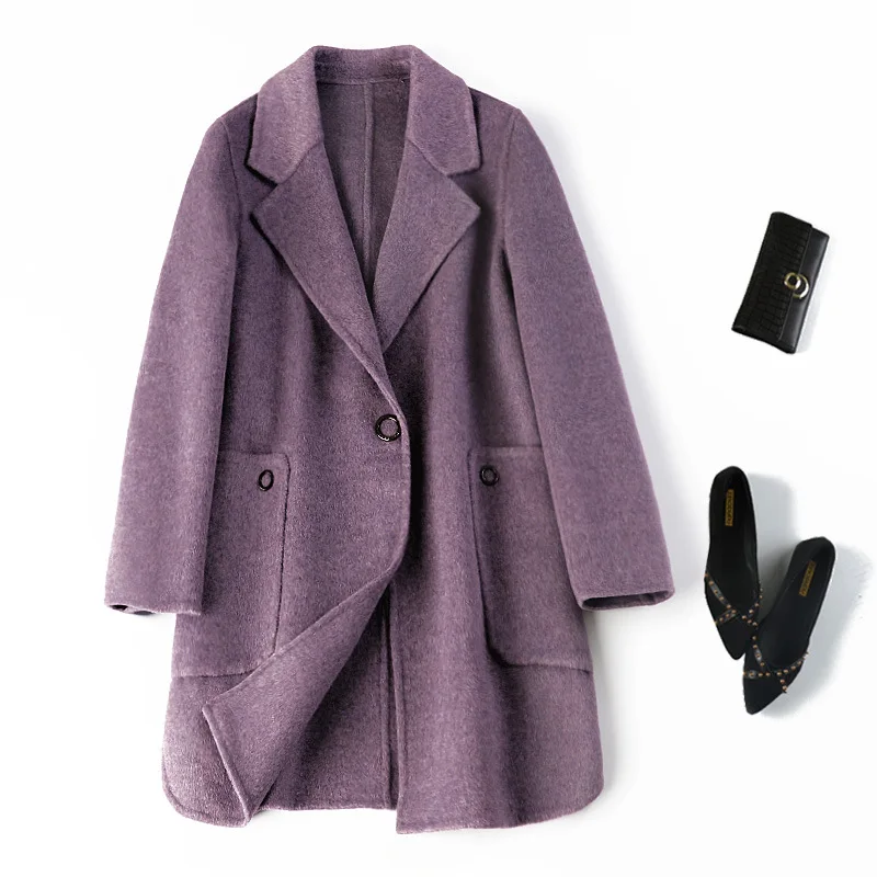 

Casual women's woolen coat autumn and winter warm pure wool long jacket large pocket long sleeve lapel coat