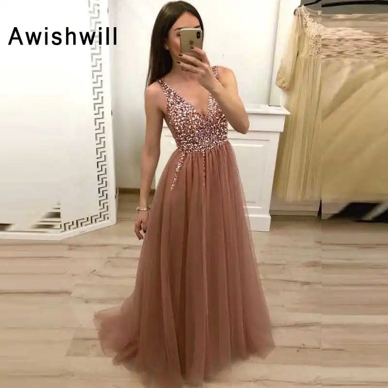 Sexy-Deep-V-Neck-Pink-High-Split-Tulle-Prom-Dresses-Long-2019-vestidos-de-fiesta-Lace