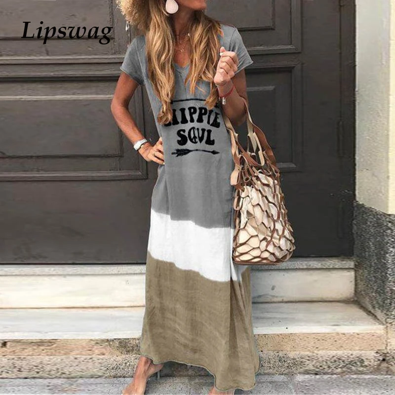 

Lipswag Women Patchwork Summer Sundress Vintage V-neck Short Sleeve Beach Long Dress Casual Femme Plus Size Party Dress Vestido