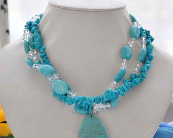 

Jewelr 005649 BEAUTIFUL 3strands faceted crystal blue Turquoise pendant necklace 17inch