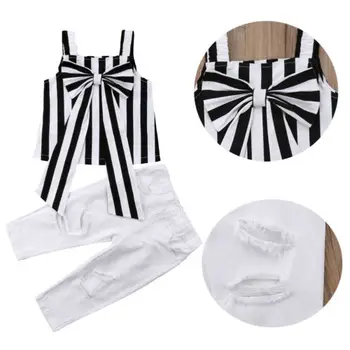 

2018 Baby Girl Striped Bow T-Shirt Top +Long Pants Kids Clothes Outfit 2Pcs Set Hot New