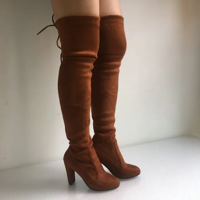 Top Faux Suede Women Thigh High Boots Stretch Slim Sexy Fashion Over the Knee Boots Female Shoes High Heels Black Gray Wine Nude -