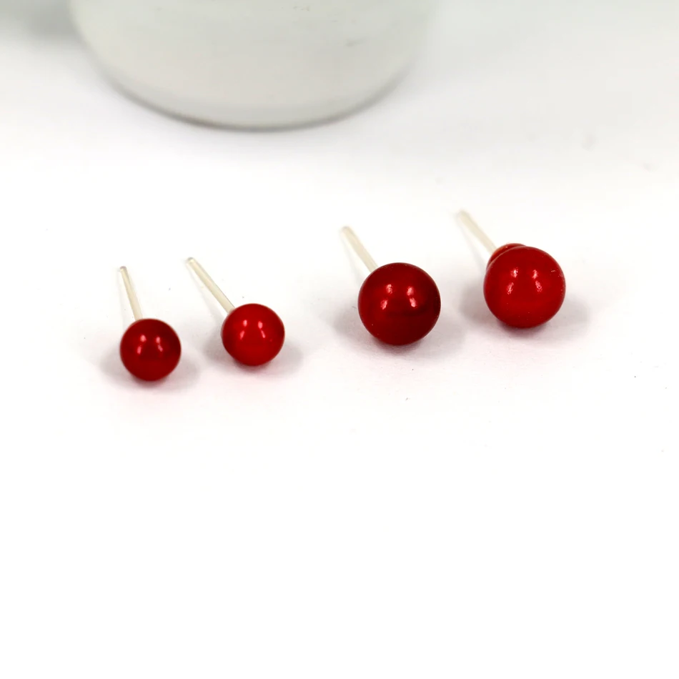 pair Stainless Steel Red Coral Resin Faux Pearl Bead Ball Stud Earrings