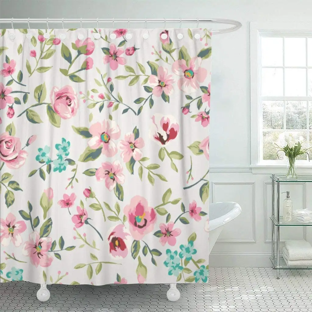 

Shower Curtain Hooks Colorful Floral Vintage Flower Garden Pattern Blue Rose Bouquet Blossom Pretty Oriental Decorative Bathroom