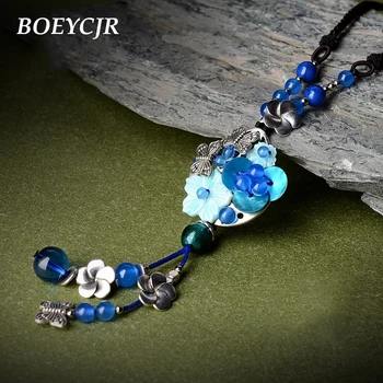 

BOEYCJR Retro Ethnic Stone Glass Beads Necklace Handmade Jewelry Rope Chain Vintage Butterfly Pendant Necklace for Women