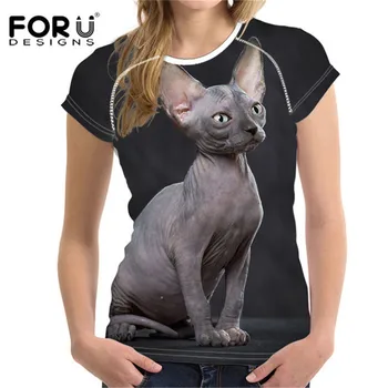 

FORUDESIGNS Women T-shirt Canadian Hairless Cat Print Harajuku Shirt Slim Fit Short Sleeve T Shirt Bodybuilding Elastic Tee Tops