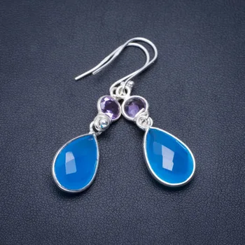 

Natural Chalcedony and Amethyst Handmade Unique 925 Sterling Silver Earrings 1.75" A1403