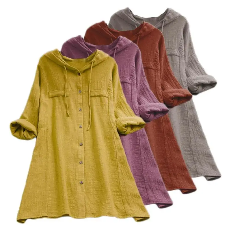 

Hooded Women Linen Blouse Dress Drawstring Spring Casual Long Sleeve Dress Female Button Down Breathable Chemise Plus Size