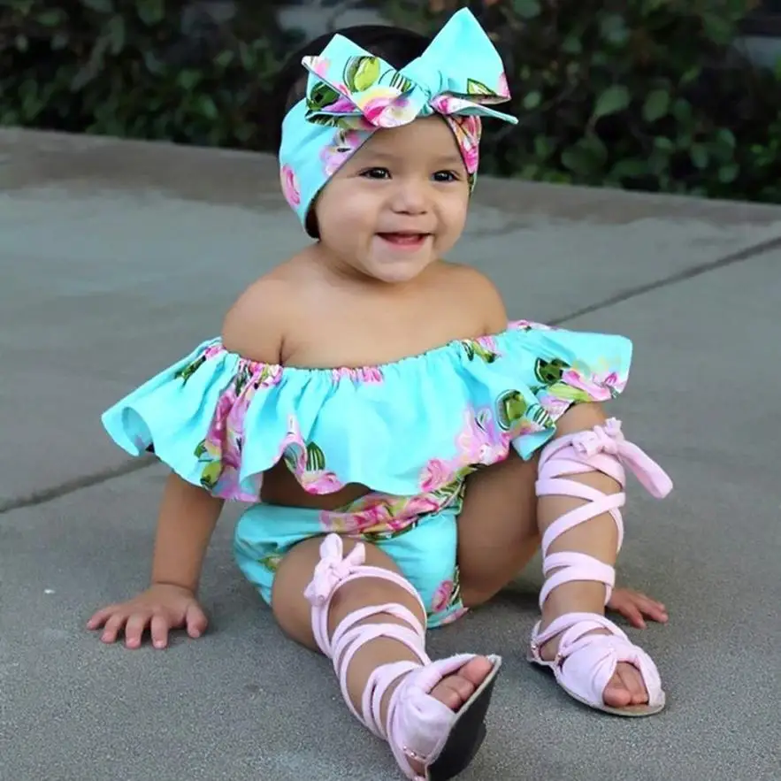 

Summer Floral Toddler Baby Girl Off Shoulder T Shirt Tops Shorts Outfit Clothes Set baby suits photography new July25