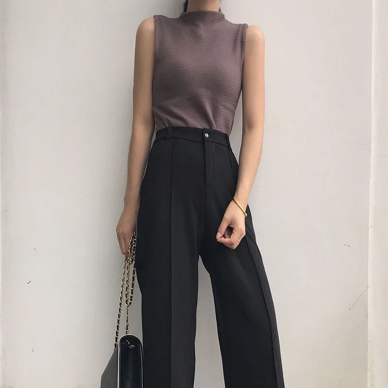 Pants Women New Chic Korean Style High Waist Loose Ankle-length Trousers Womens Leisure Simple Elegant Solid Straight Pant Soft