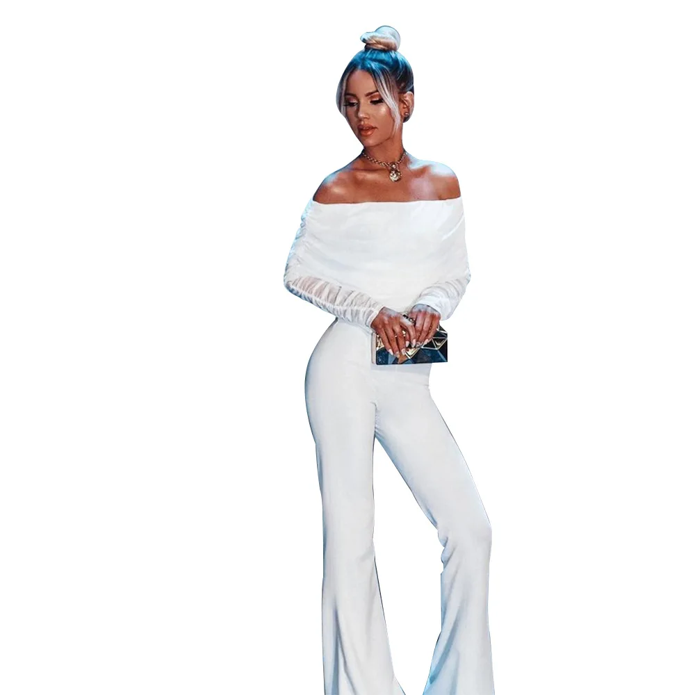 

Elegant Mesh Pleated Female Jumpsuit Sexy Off Shoulder Long Boot Cut Pants Jumpsuit Women Patchwork Office Lady Party Overalls