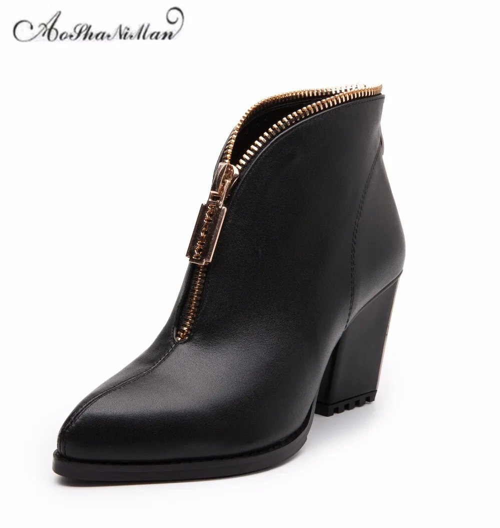 Autumn winter women ankle boots genuine leather middle heels boots ladies fashion metal pointed toe zipper dress shoes 34-41 цена Autumn winter women ankle boots genuine leather middle heels boots ladies fashion metal pointed toe zipper dress shoes 34-41 цены онлайн